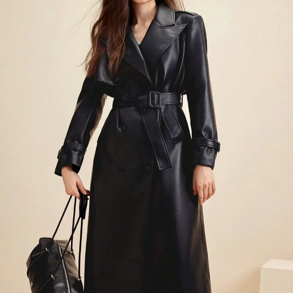 Black Elegant Women's faux Leather Jacket Trench Coat Casual Outerwear - Picture 3 of 7